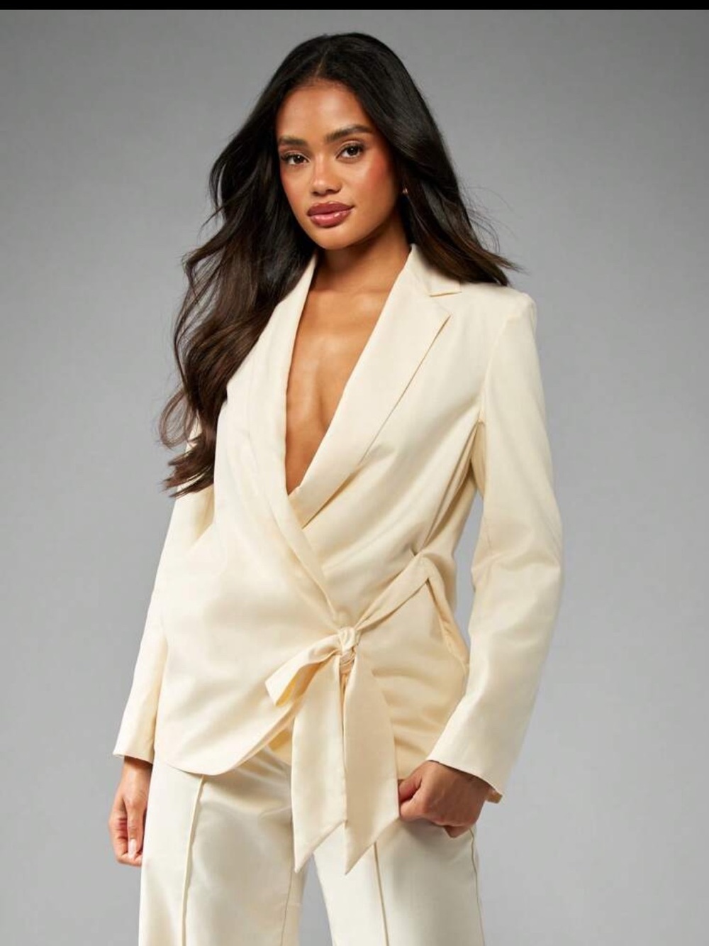 Cream Wrap Blazer Jacket with Tie Waist - Picture 1 of 6